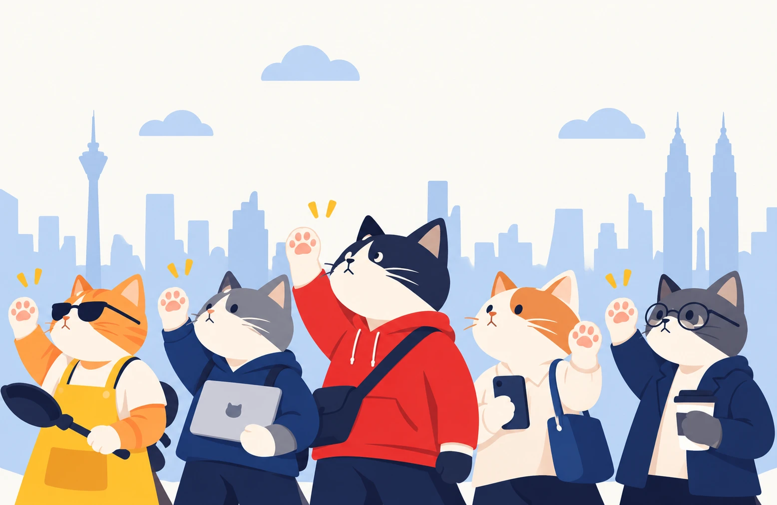 Five cats from all walks of life, a hawker with a wok, a student with a laptop, one in a red hoodie, one on a phone and a commuter with coffee, waving their paws together in front of the Kuala Lumpur skyline.